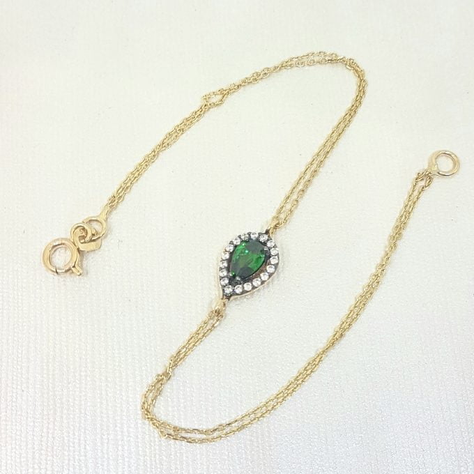 14K Real Solid Gold Tear Drop Design with GREEN and White Zirconia Stones Halo Elegant Dainty Delicate Charm Cute Trendy Bracelet best birthday gift for women Jewelry Mother Girl Grandma