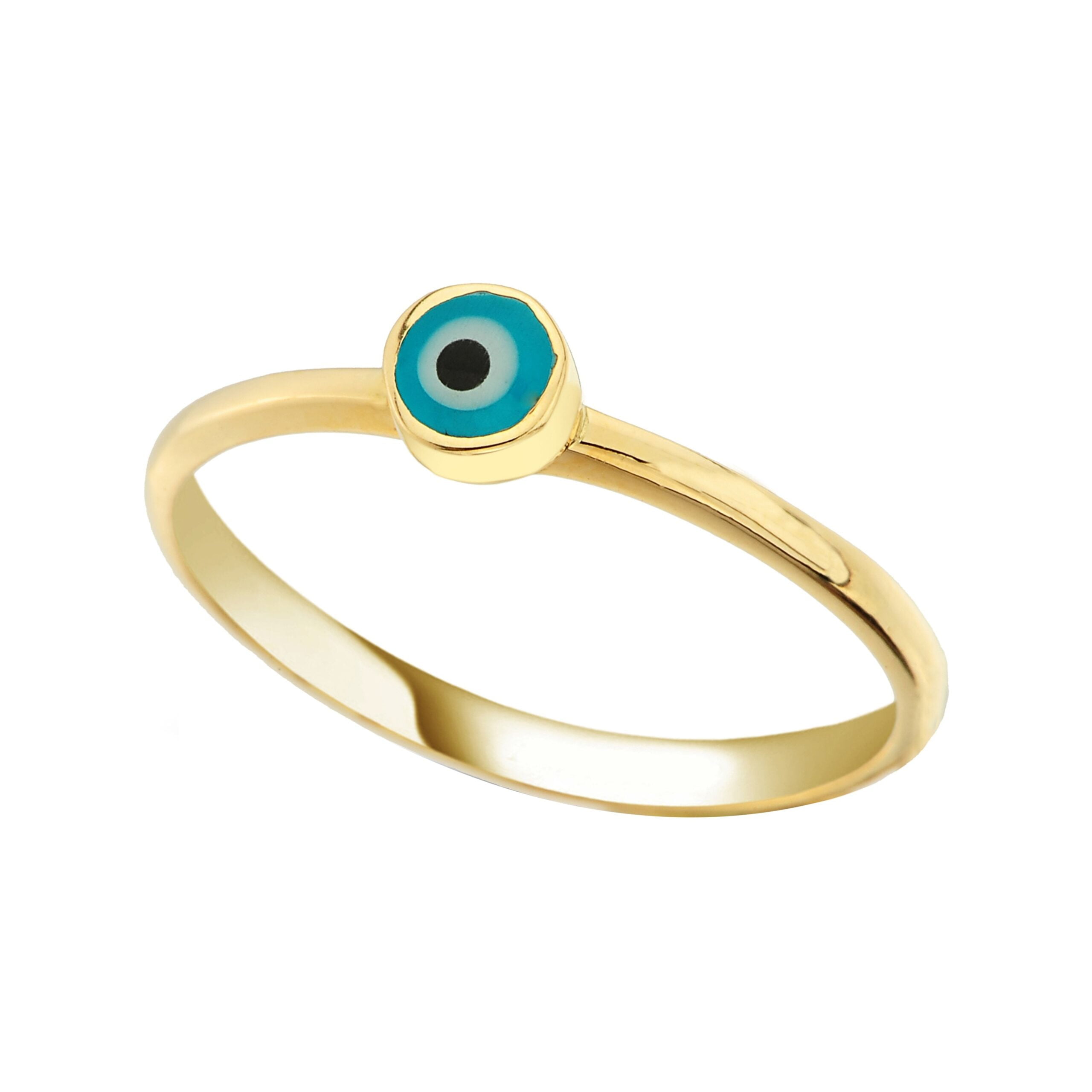 Evil Eye Ring Lucky Luck Nazar Protection For Women Jewelry 14K Yellow Gold Turquoise or Navy Blue Turkish Dainty greek birthday gift