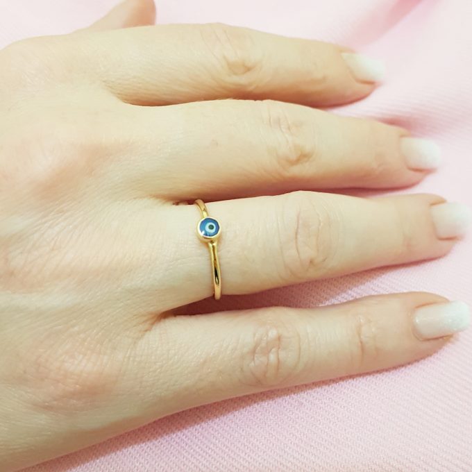 Evil Eye Ring Lucky Luck Nazar Protection For Women Jewelry 14K Yellow Gold Turquoise or Navy Blue