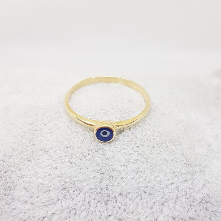 14K Real Solid Yellow Gold Evil Eye Ring for Women Turquoise or Navy Blue