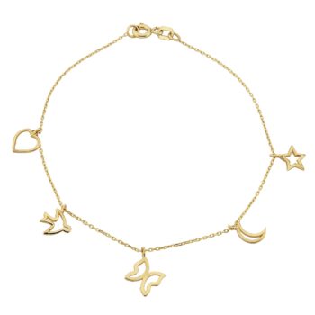 14K Real Solid Gold Good Luck Lucky Charm Bracelet for Women with Butterfly Star Moon Heart Swallow Pieces , Charm Bracelet Gold