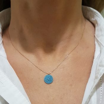 14K Real Solid Gold Round Circle Disc Design Decorated with Turquoise Zirconia Stones Dainty Delicate Charm Trendy Pendant Necklace best birthday gift for women jewelry girlfriend mom