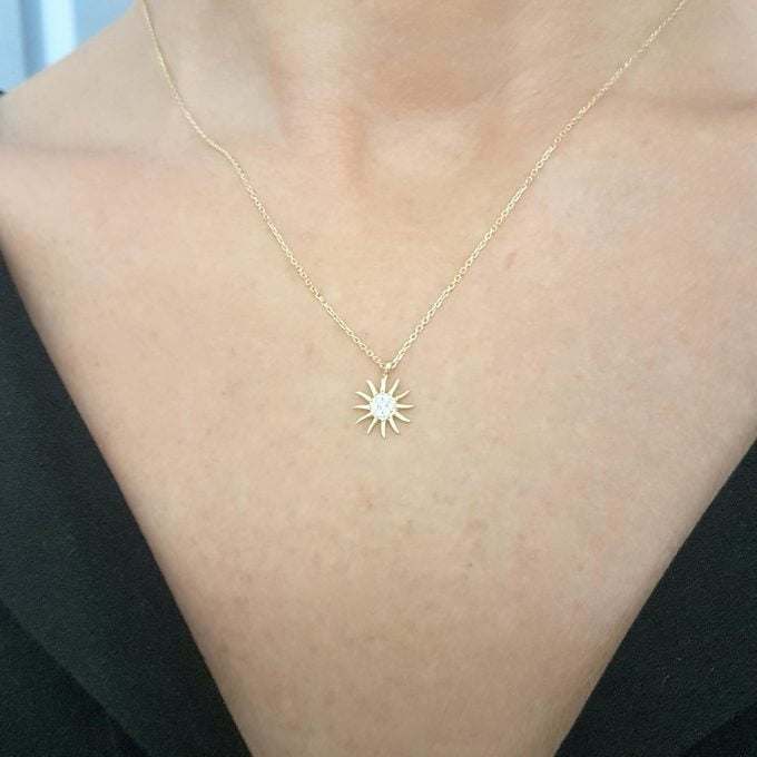 14K Gold Sun Shaped Decorated with Zirconia Stones Tiny Dainty Delicate Charm Trendy Pendant Necklace The best way to say You are my sun shine for women