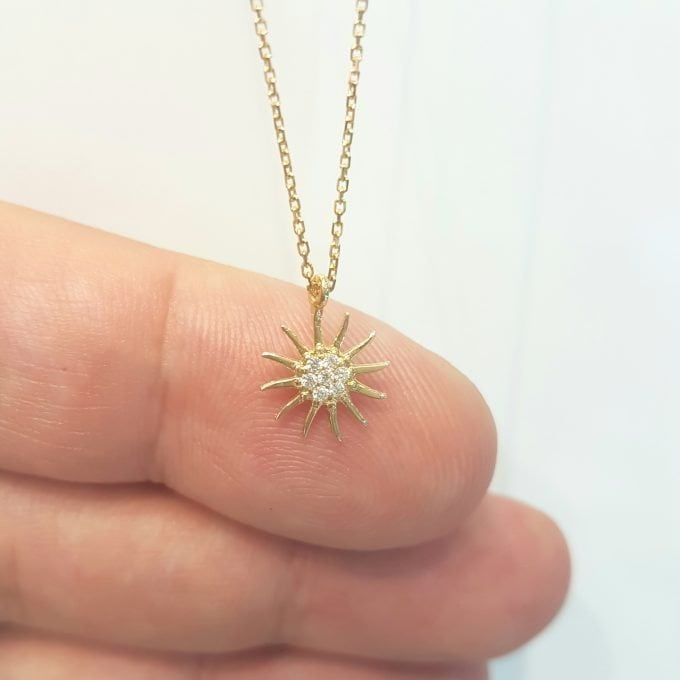 14K Gold Sun Shaped Decorated with Zirconia Stones Tiny Dainty Delicate Charm Trendy Pendant Necklace The best way to say You are my sun shine for women