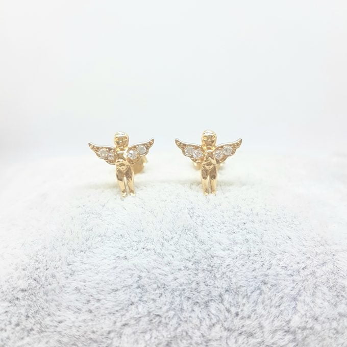 Angel Stud Earrings for Women and Girls 14K Real Solid Yellow Gold Decorated with White Zirconia Stones