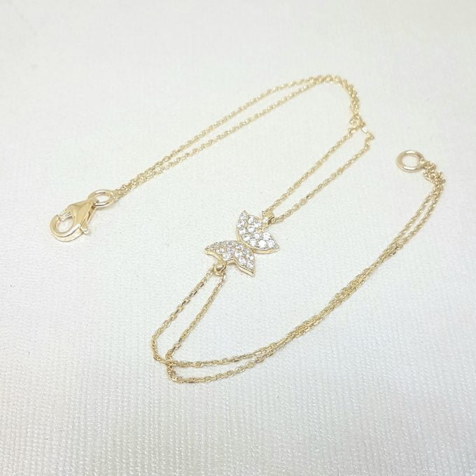 14K Real Solid Gold Butterfly Shape Design with White Zirconia Stones Tiny, Dainty,Delicate and Trendy Bracelet best gift for women,yourself, birthday