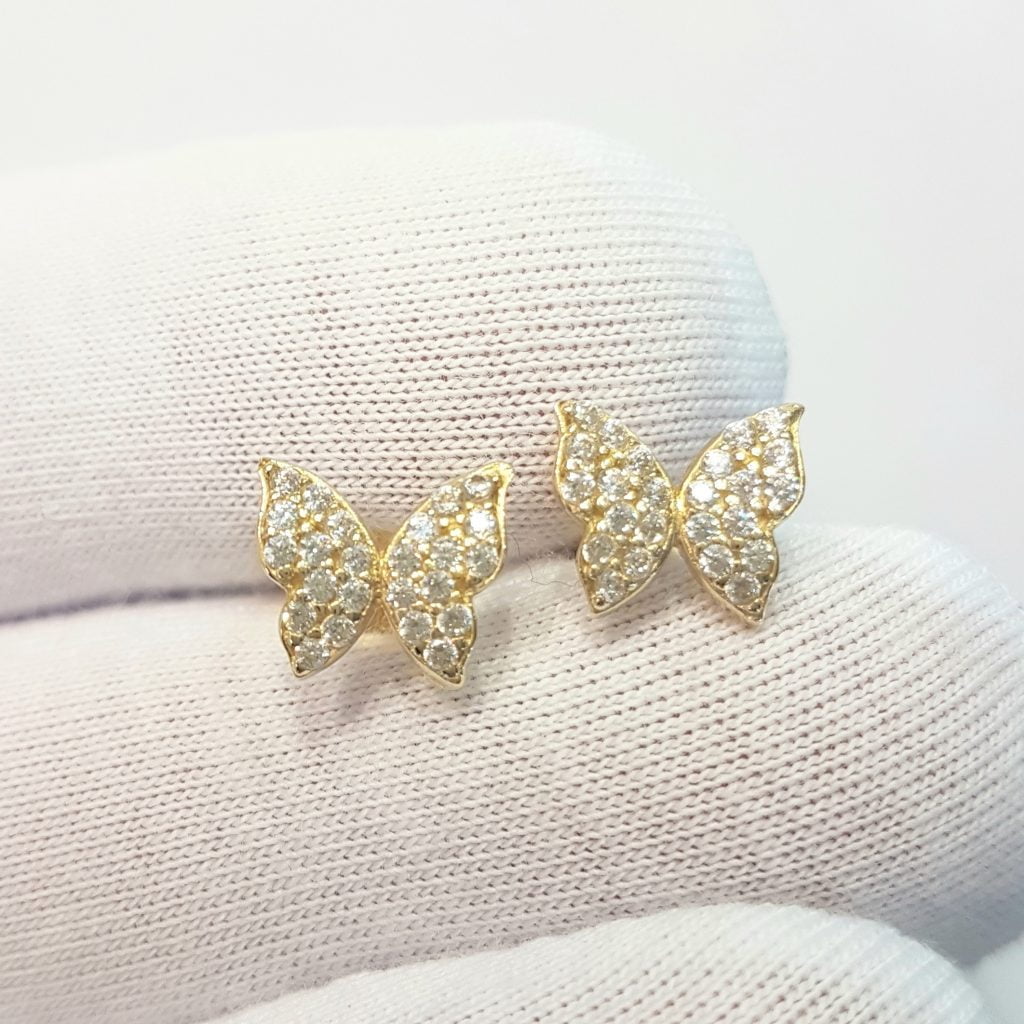 14K Real Solid Gold Butterfly Stud Earrings for Women