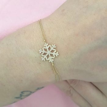 14K Real Solid Gold Snowflake Design with White Zirconia Stones Cute Elegant Dainty Charm Delicate Trendy Bracelet Best Birthday Gift for Women Jewelry