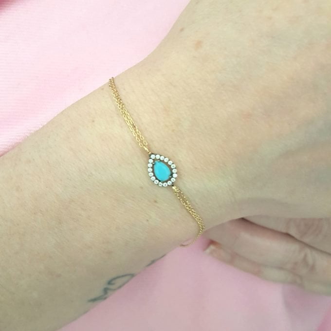 14K Real Solid Gold Tear Drop Design with Turquoise and White Zirconia Stones Halo Elegant Dainty Delicate Charm Cute Trendy Bracelet