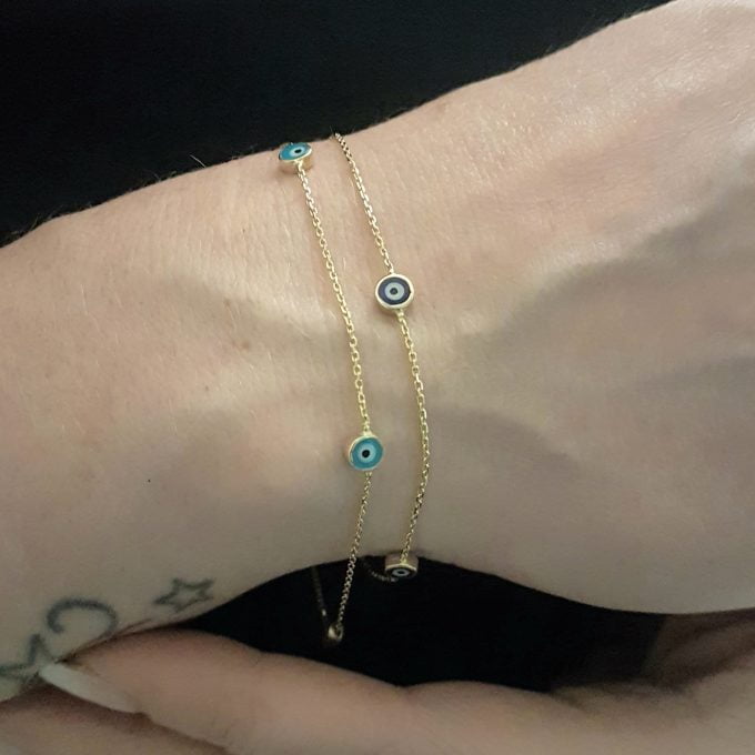Evil Eye Bracelet Triple Lucky Luck Nazar Protection For Women Jewelry 14K Yellow Gold Charm Dainty Navy Blue or Turquoise