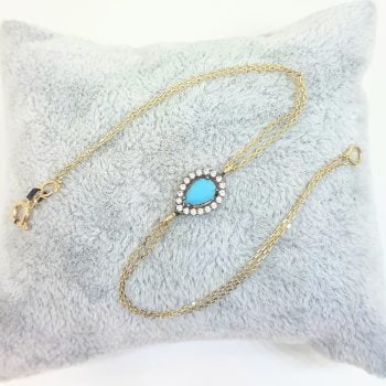 14K Real Solid Gold Tear Drop Design with Turquoise and White Zirconia Stones Halo Elegant Dainty Delicate Charm Cute Trendy Bracelet