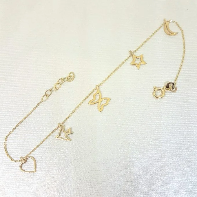 Good Luck Lucky Bracelet for Women 14K Real Solid Gold with Butterfly Star Moon Heart Swallow Pieces
