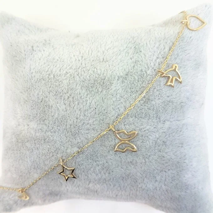 Good Luck Lucky Bracelet for Women 14K Real Solid Gold with Butterfly Star Moon Heart Swallow Pieces