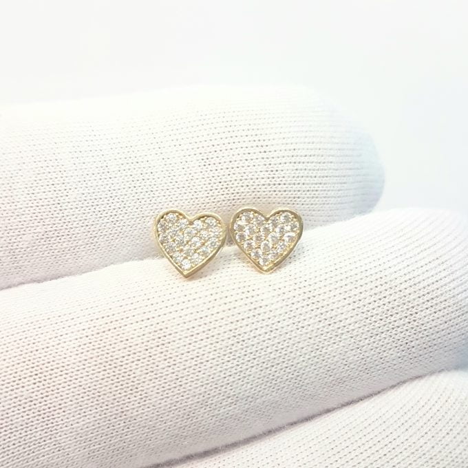 Heart Stud Earrings Decorated with Zirconia Stones for Women Girls 14K Real Solid Gold