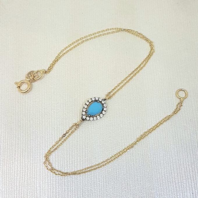 14K Real Solid Gold Tear Drop Design with Turquoise and White Zirconia Stones Halo Elegant Dainty Delicate Charm Cute Trendy Bracelet