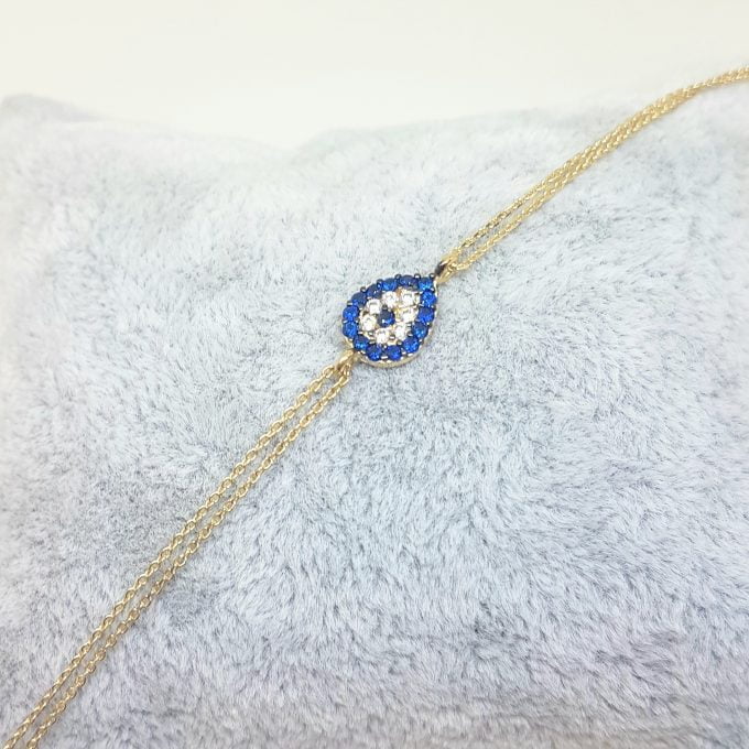Evil Eye 14K Solid Gold Eye Drop Design with Navy Blue and White Zirconia Stones Tiny, Dainty,Delicate and Trendy Bracelet best gift for women