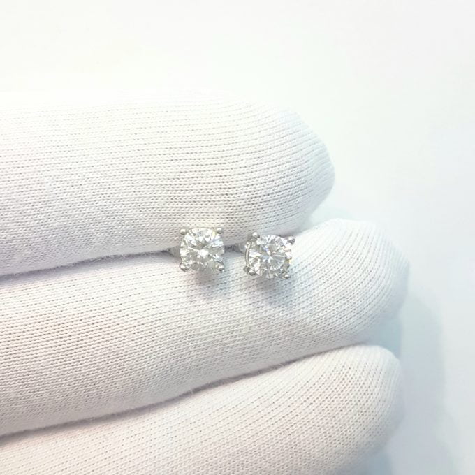 Solitaire Stud Earrings 14K Real Solid White Gold with Cubic Zirconia Round Cut Charm Dainty Handmade for Women Jewelry