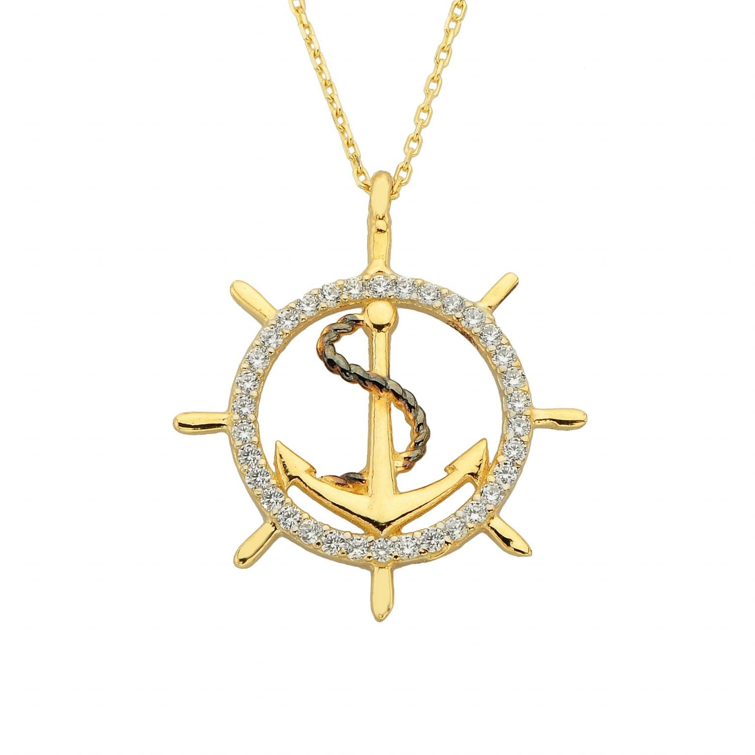 14K Real Solid Gold Anchor Ship Wheel Nautical Pendant Necklace for Women