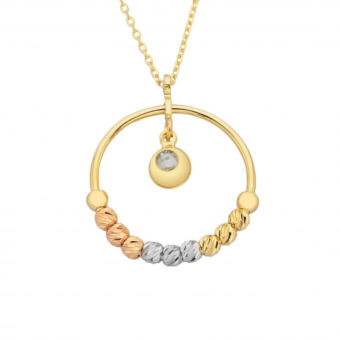 14K Real Solid Gold Circle Ring With Itallian Balls and Swinging Cubic Zirconia Stone Pendant Necklace for Women