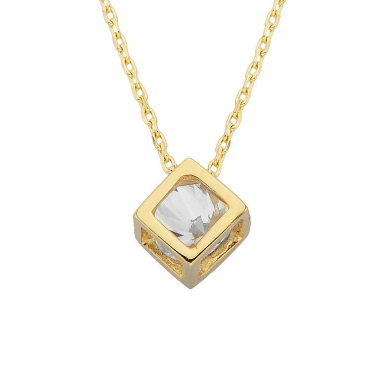 14K Real Solid Gold Cube Necklace Inside Moving Cubic Zirconia Stone ...