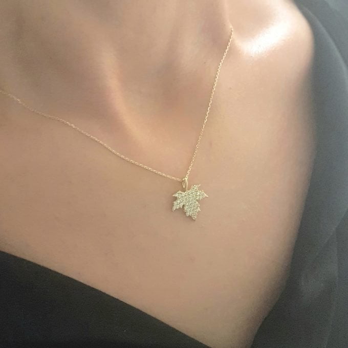14K Real Solid Gold Long Leaf Pendant Necklace with White Zirconia Stones Cute Charm Dainty Delicate Trendy Elegant Birthday Gift for her women jewelry wife grandma girl Autumn Maple