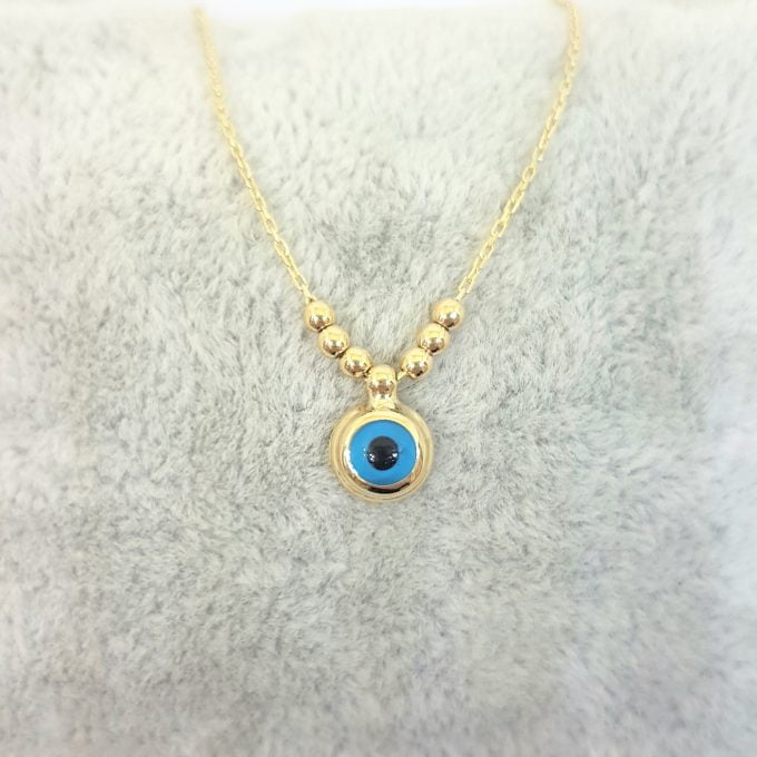 14K Real Solid Gold Lucky Evil Eye with Three Balls Blue Eyes Pendant Necklace for Women Turkish birthday gift