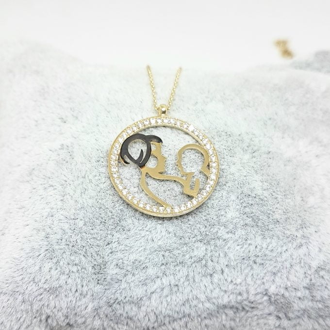 14K Real Solid Gold Mother Child Baby Design with Zirconia Stones Pendant Necklace for Women , Mother's Day Gift, Birthday Gift
