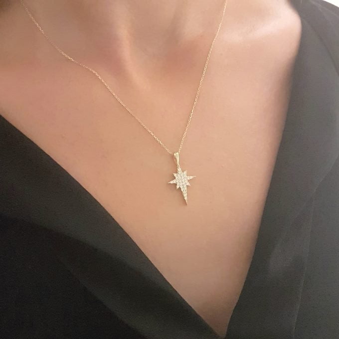 14K Real Solid Gold North Star Pendant Necklace with White Zirconia Stones Cute Charm Dainty Delicate Trendy Elegant Best Birthday Christmas Gift for Women Wife Her Grandma Girls