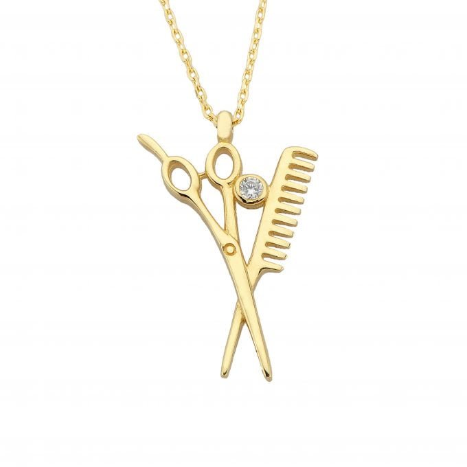 14K Real Solid Gold Scissors and Comb Charm Pendant Necklace Hair Stylist Dresser Salon Gift Fashion Barber Beauty Shop Women Jewelry