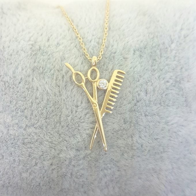 14K Real Solid Gold Scissors and Comb Charm Pendant Necklace Hair Stylist Dresser Salon Fashion Barber Beauty Shop Women gift