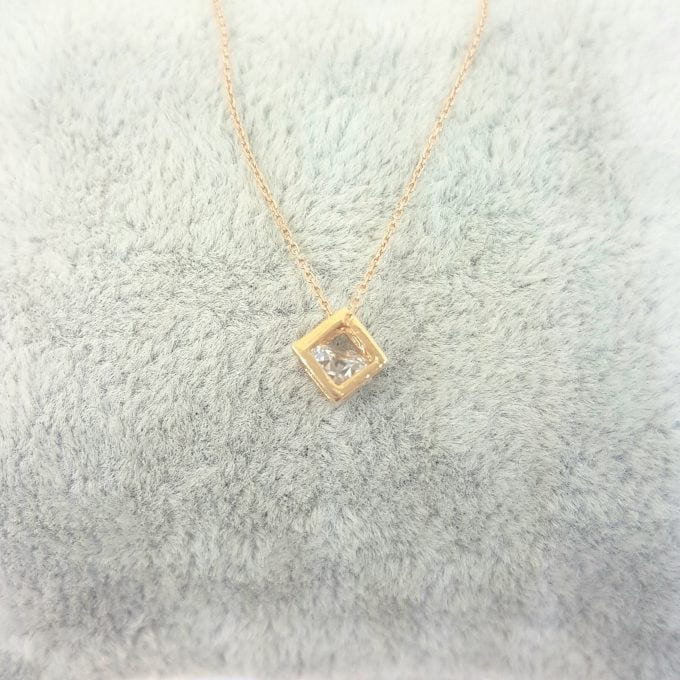 14K Real Solid Gold Square Cube Style Inside Zirconia Stone Tiny Cute Charm Dainty Delicate Trendy Pendant Necklace birthday gift for Women Jewelry girlfriend teengirls