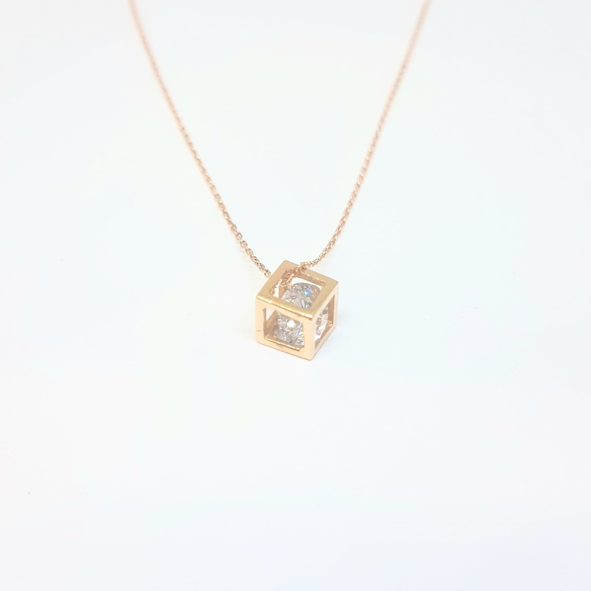 Women's Girls Rose Gold Small  Cube Pendant Necklace With Crystal Elements Gift