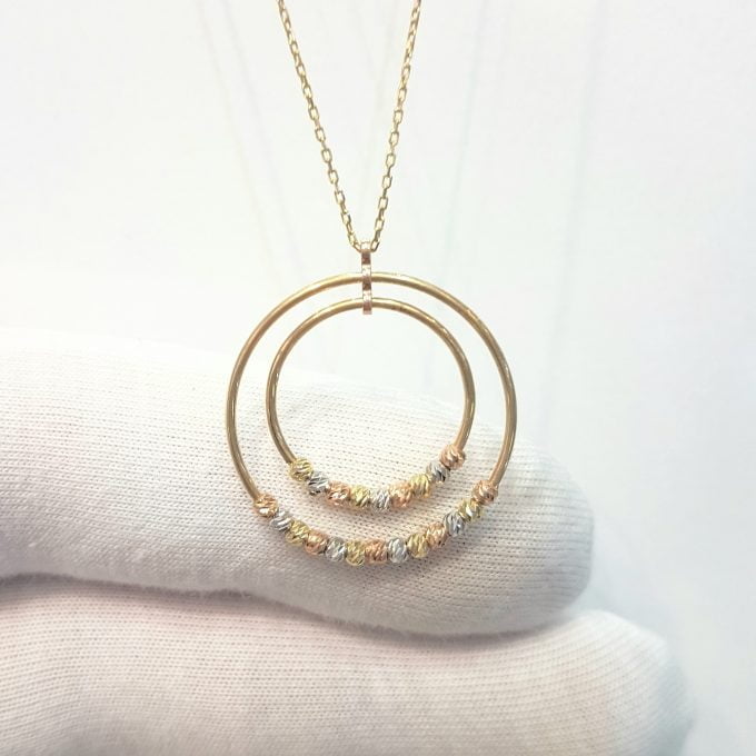 14K Real Solid Gold Two Circles Rings Hoops with Italian Balls Cute Charm Dainty Delicate Trendy Pendant Necklace gift