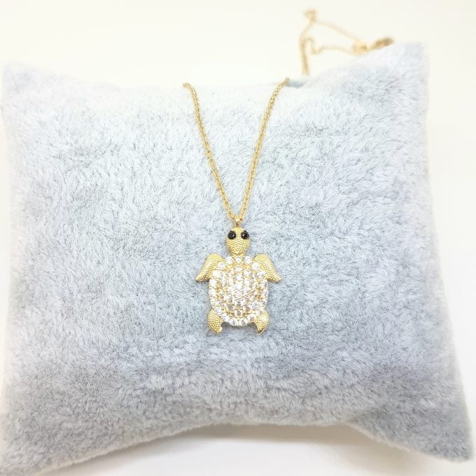 Sea Turtle Animal for Good Luck 14K Real Solid Gold with White Zirconia Stones Textured Legs Head Charm Dainty Delicate Trendy Cute Pendant Necklace Best Gift for Women jewelry Birthday
