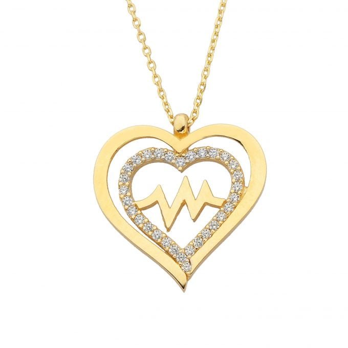 14K Solid Gold Double Heart Love Lifeline Pulse EKG Heartbeat Pendant Necklace Decorated with Cubic Zirconia Stones Charm Dainty Birthday Christmas Mother’s Day Gift For Women