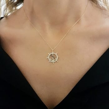 14K Real Solid Gold Anchor Pendant Necklace for Women With Zirconia Stones Charm Jewelry Ship Wheel Nautical Rope Navy Sailor