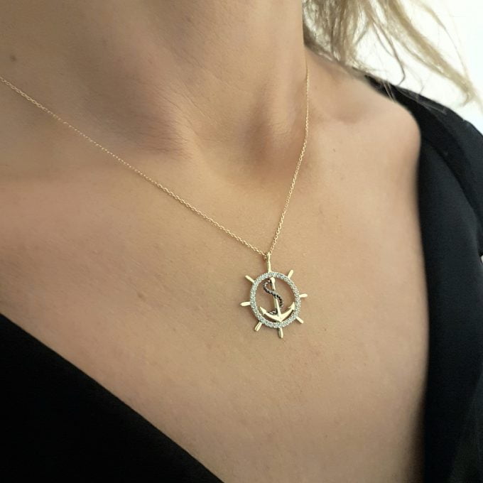 14K Gold Anchor Pendant Necklace for Women With Zirconia Stones Charm Jewelry Ship Wheel Nautical Rope Navy Sailor