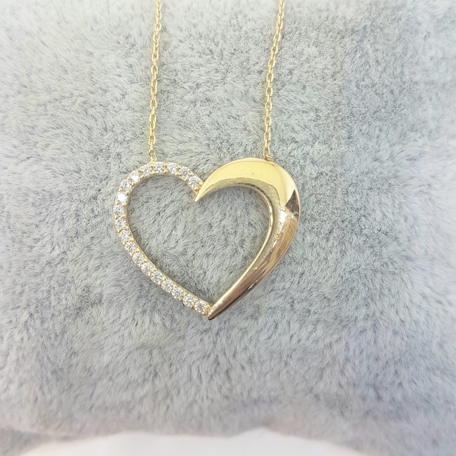 14K Real Solid Gold Open Heart Necklace Half Decorated with Cubic ...