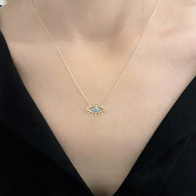 14K Real Solid Yellow Gold Turquoise Evil Eye Pendant Necklace Charm Elegant Dainty Birthday Valentine Christmas Gifts For Women Handmade Jewelry