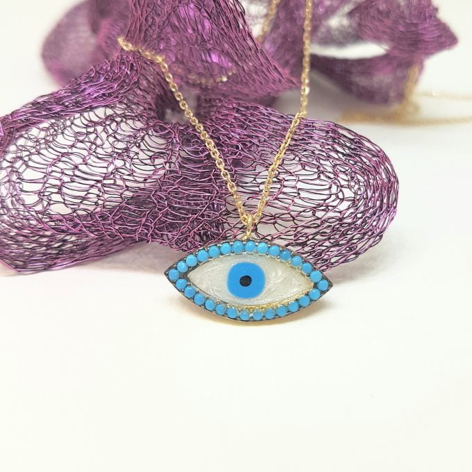 14K Real Solid Gold Lucky Evil Eye with Mother of Pearl Design Charm Dainty Delicate Trendy Turkish Evil Eye Cats Eye Faith Protection Pendant Necklace for Women Nazar