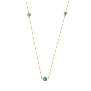 Evil Eye Trio Pendant Necklace Lucky Turkey Nazar Protection For Women Handmade Jewelry 14K Yellow Gold Charm Elegant Dainty Navy Blue Or Turquoise