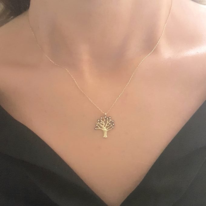 Family Tree of Life Necklace 14K Real Solid Gold with White Zirconia Stones Charm Dainty Delicate Trendy Cute Jewelry best gift for women yourself grandma birthda