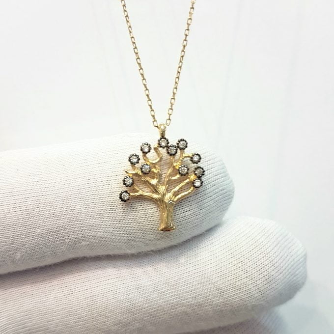 Family Tree of Life Necklace 14K Real Solid Gold with White Zirconia Stones Charm Dainty Delicate Trendy Cute Jewelry best gift for women
