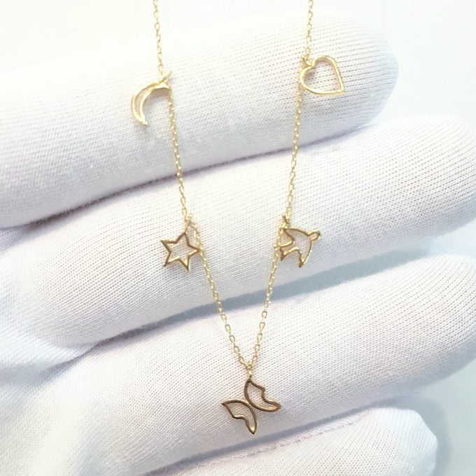 Good Luck Lucky Charm Pendant Necklace for Women 14K Real Solid Gold with Butterfly Star Moon Heart Swallow Pieces