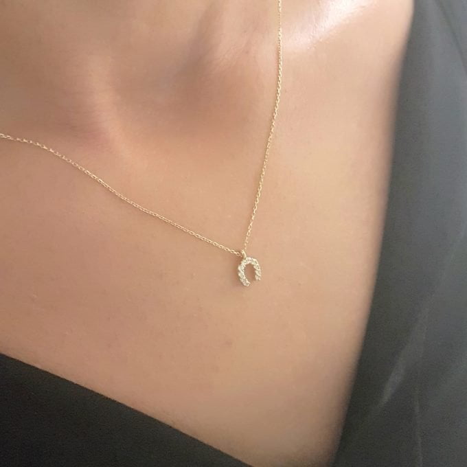 Horseshoe Pendant Necklace 14K Real Solid Gold with White Zirconia Stones Cute Charm Dainty Delicate Trendy Elegant Lucky Birthday Gift for Women