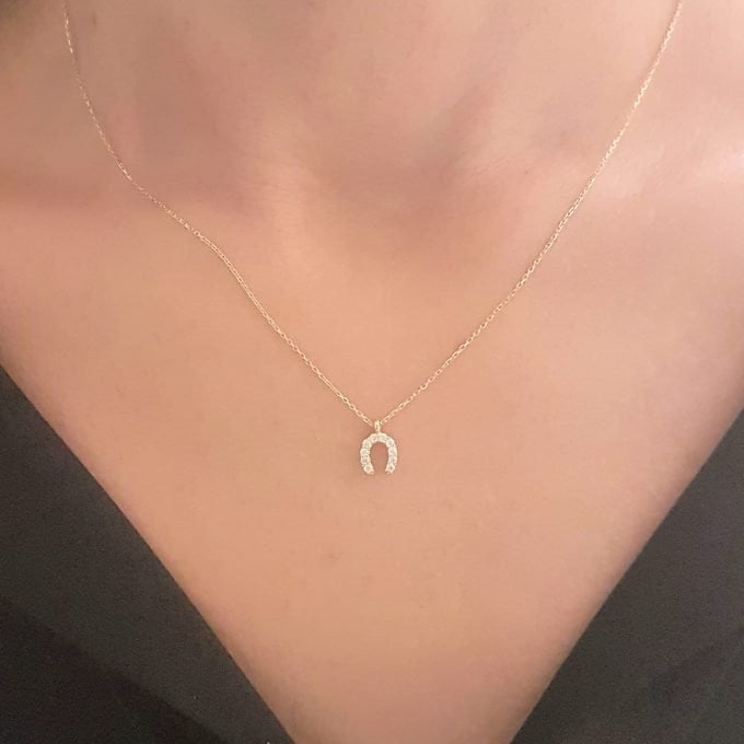 Horseshoe Pendant Necklace 14K Real Solid Gold with White Zirconia Stones Cute Charm Dainty Delicate Trendy Elegant Lucky Birthday Gift for Women