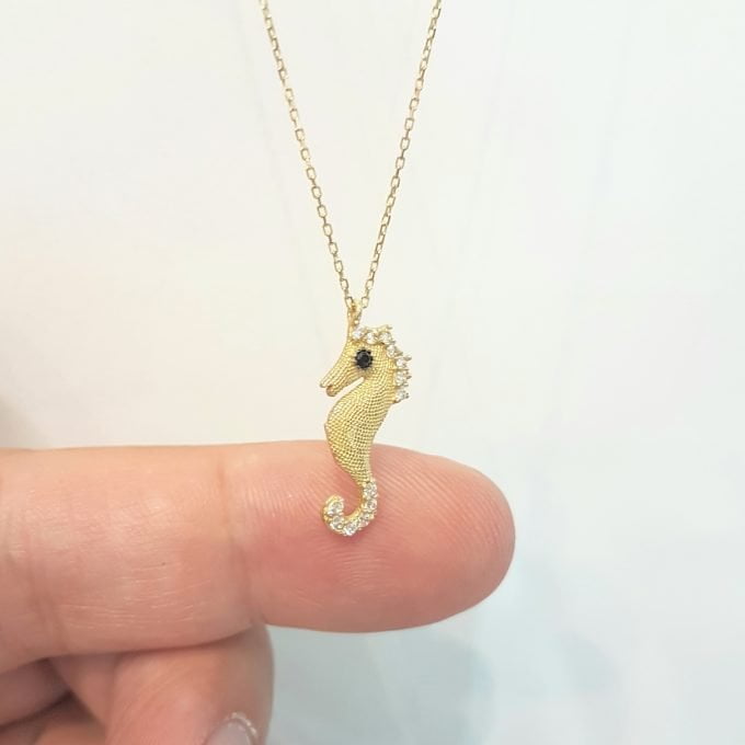 SeaHorse Necklace 14K Real Solid Gold with White Black Zirconia Stones and Textured Body Charm Cute Dainty Delicate Trendy Ocean Pendant for Women
