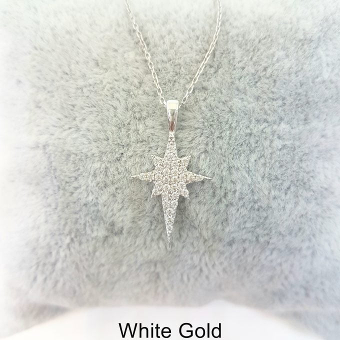 14K Real Solid Gold North Star Pendant Necklace with White Zirconia Stones Cute Charm Dainty Delicate Trendy Elegant Best Birthday Christmas Gift for Women Wife Her Grandma Girls