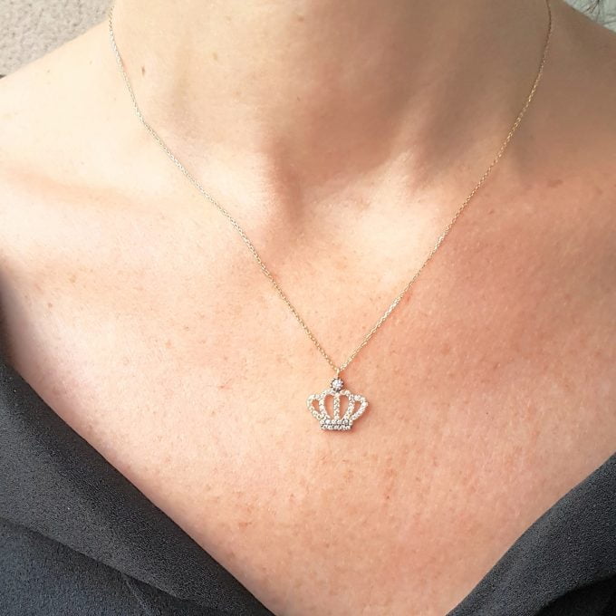 Queen Princess Crown Pendant Necklace 14K Real Solid Gold with White Zirconia Stones Cute Charm Dainty Delicate Trendy Best Birthday gift for women the best way to say You are the Queen of My Heart