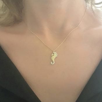 SeaHorse Necklace 14K Real Solid Gold with White Black Zirconia Stones and Textured Body Charm Cute Dainty Delicate Trendy Ocean Pendant for Women
